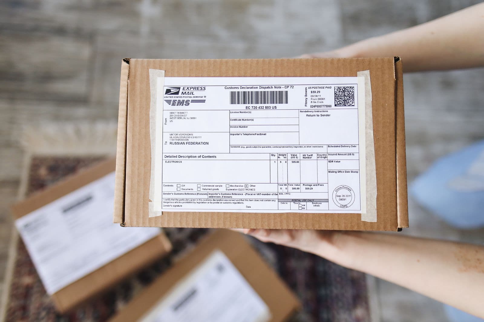Goods packaged and labelled for international freight